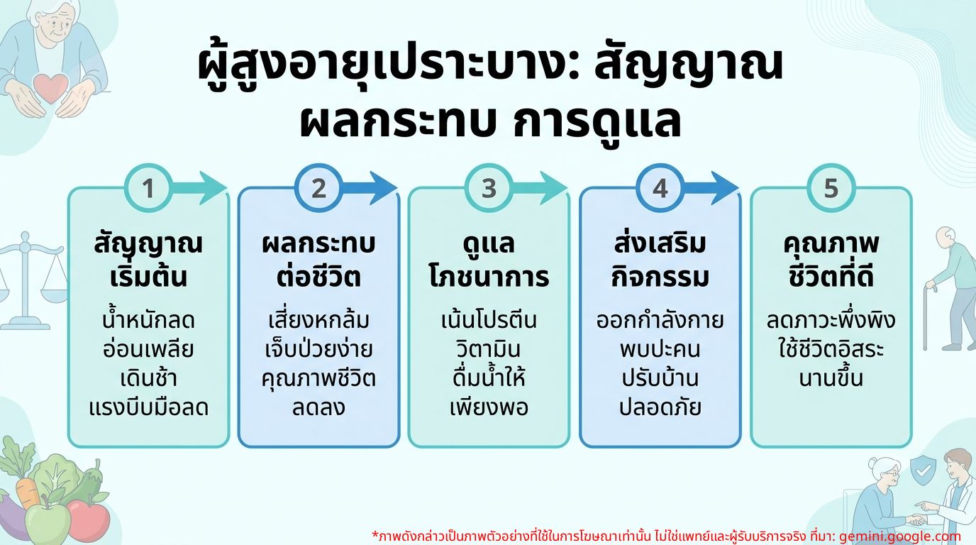 อินโฟกราฟิกแสดงสัญญาณและผลกระทบของภาวะเปราะบางในผู้สูงอายุ พร้อมแนวทางการดูแล