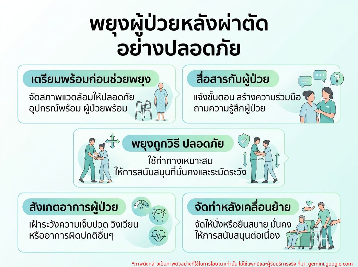 ผู้ดูแลกำลังช่วยพยุงผู้ป่วยหลังผ่าตัดขึ้นจากเตียงอย่างระมัดระวัง