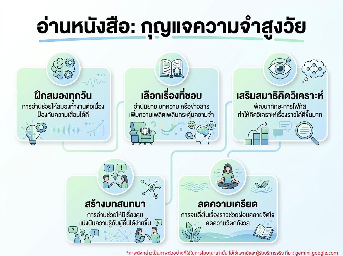 ผู้สูงอายุกำลังทำกิจกรรมกระตุ้นความจำด้วยการอ่านหนังสือ