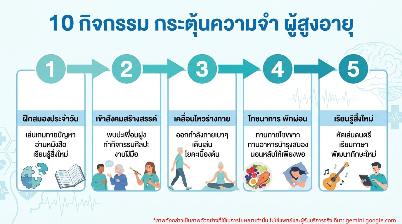 อินโฟกราฟิกแสดง 10 กิจกรรมกระตุ้นความจำสำหรับผู้สูงอายุ