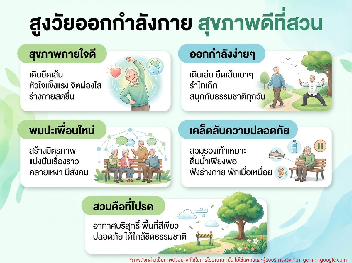ผู้สูงอายุออกกำลังกายในสวนสาธารณะ