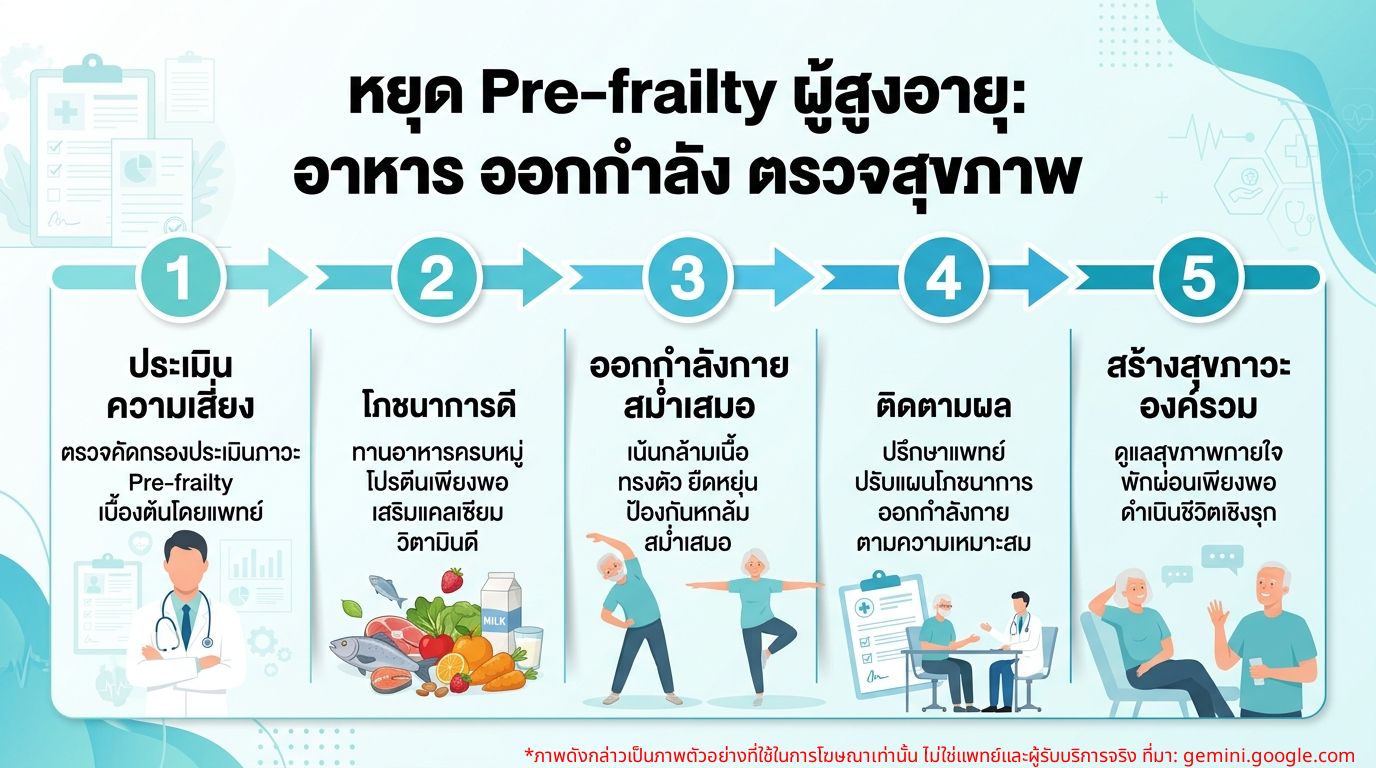 แผนภูมิการดูแลและป้องกันภาวะ Pre-frailty ในผู้สูงอายุด้วยโภชนาการ การออกกำลังกาย และการตรวจสุขภาพ