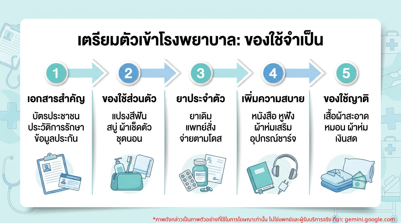 ภาพ infographic แสดงรายการของใช้จำเป็นที่ต้องนำไปโรงพยาบาลสำหรับผู้ป่วยและญาติ