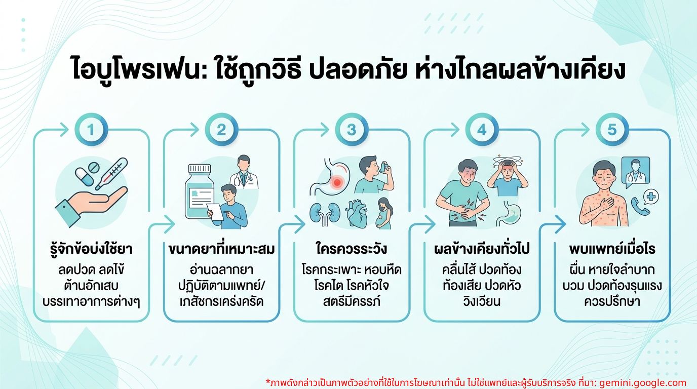 อินโฟกราฟิกสรุปการใช้ยาไอบูโพรเฟนอย่างปลอดภัยและผลข้างเคียงที่ควรรู้