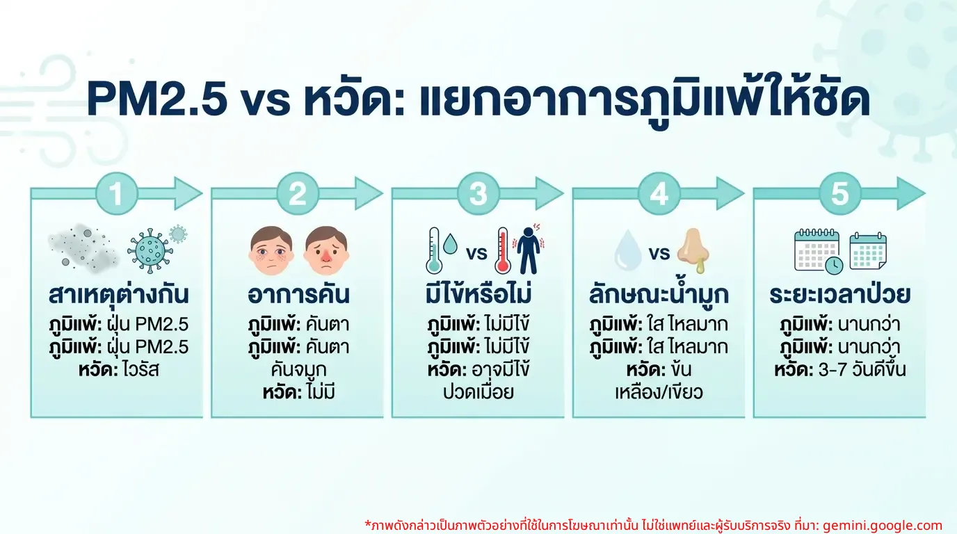 ตารางเปรียบเทียบอาการภูมิแพ้จาก PM2.5 กับอาการหวัด