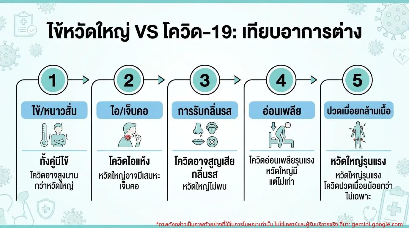 Infographic เปรียบเทียบอาการไข้หวัดใหญ่และโควิด-19
