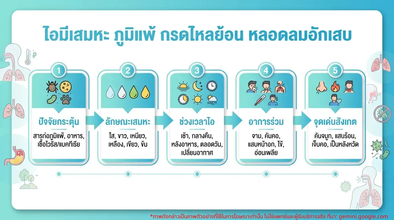 อินโฟกราฟิกเปรียบเทียบอาการไอมีเสมหะจากภูมิแพ้ กรดไหลย้อน และหลอดลมอักเสบ