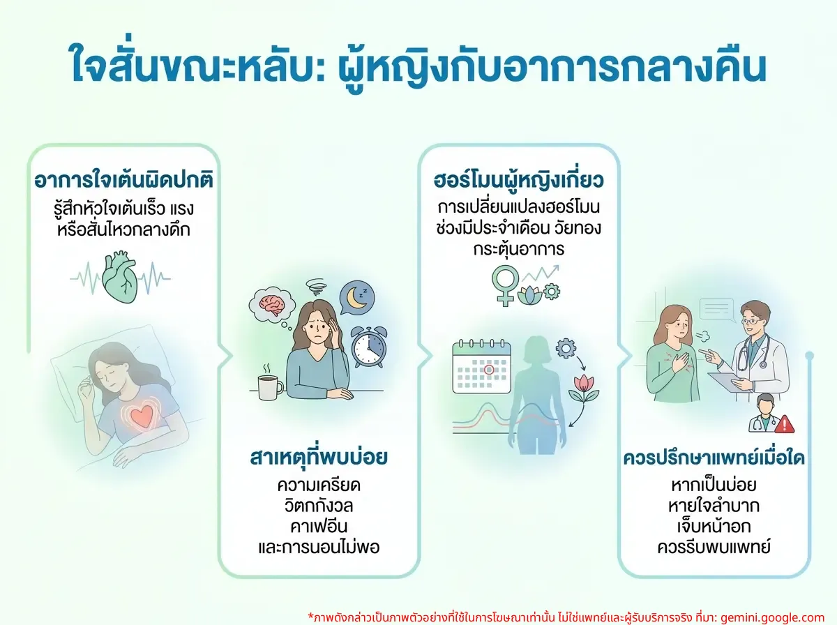 ผู้หญิงกำลังนอนหลับแต่มีอาการใจสั่นตอนกลางคืน