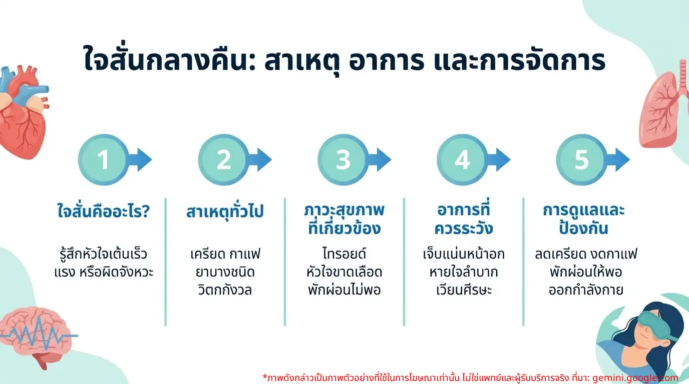 อินโฟกราฟิกแสดงสาเหตุและอาการที่เกี่ยวข้องกับการใจสั่นตอนกลางคืน