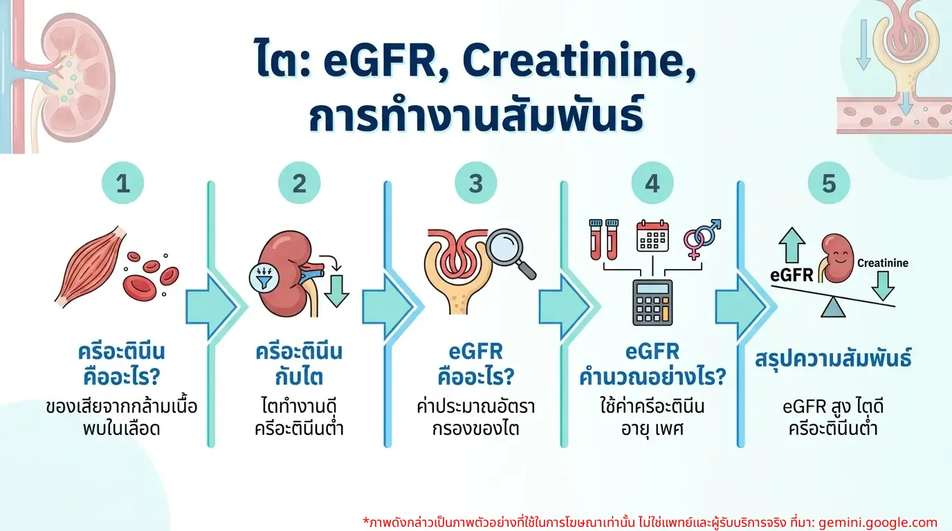 อินโฟกราฟิกอธิบายความสัมพันธ์ระหว่างค่า eGFR, Creatinine และระดับการทำงานของไต