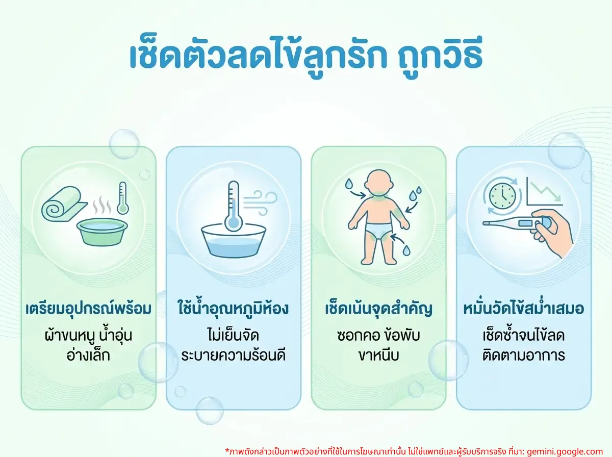 คุณแม่กำลังเช็ดตัวลดไข้ให้ลูก