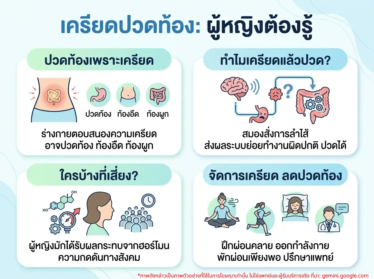 ผู้หญิงนั่งกอดท้องแสดงอาการปวดท้องจากความเครียด