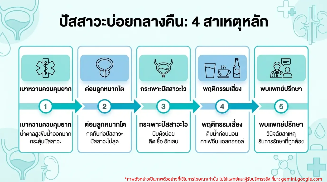 อินโฟกราฟิกแสดงสาเหตุหลักของปัสสาวะบ่อยกลางคืน: เบาหวาน ต่อมลูกหมาก กระเพาะปัสสาวะ และพฤติกรรม