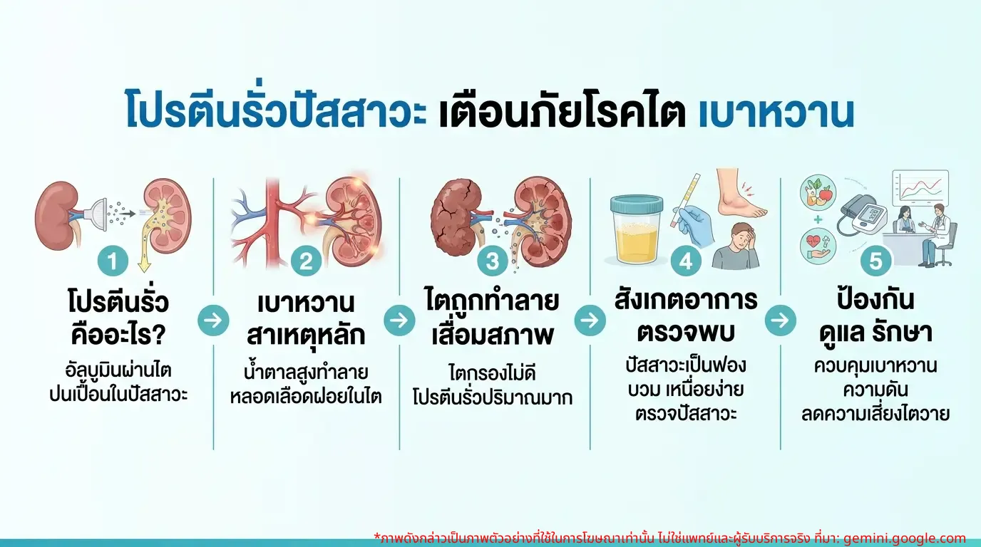 อินโฟกราฟิกแสดงความเชื่อมโยงของโปรตีนรั่วในปัสสาวะกับโรคไตและเบาหวาน