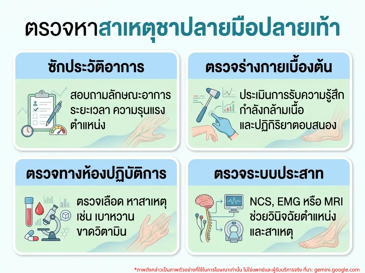 ผู้ป่วยกำลังตรวจอาการชาปลายมือปลายเท้าเพื่อหาสาเหตุ