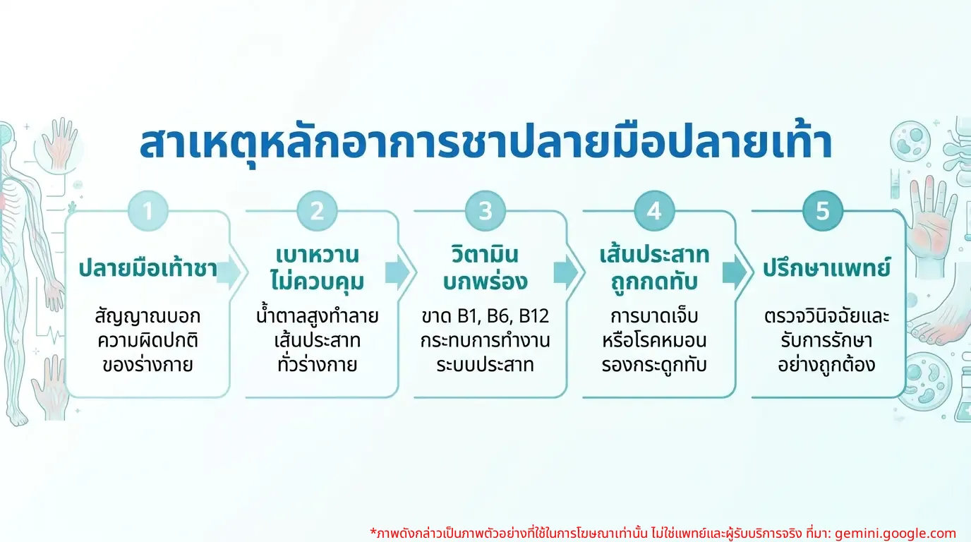 อินโฟกราฟิกแสดงสาเหตุหลักของอาการชาปลายมือปลายเท้า: เบาหวาน วิตามินบกพร่อง และเส้นประสาทถูกกดทับ