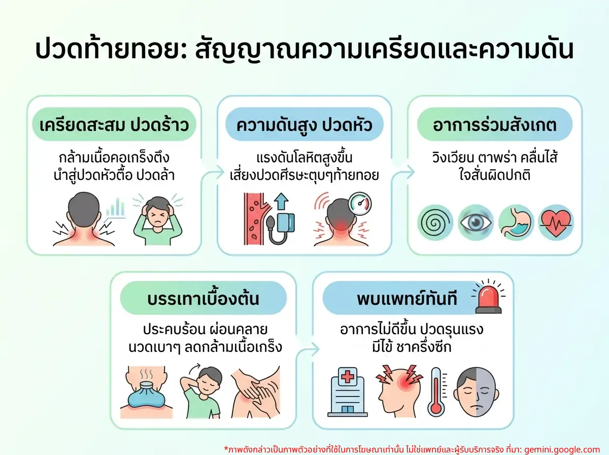 ผู้หญิงจับท้ายทอย มีอาการปวดหัวจากความเครียดหรือความดัน