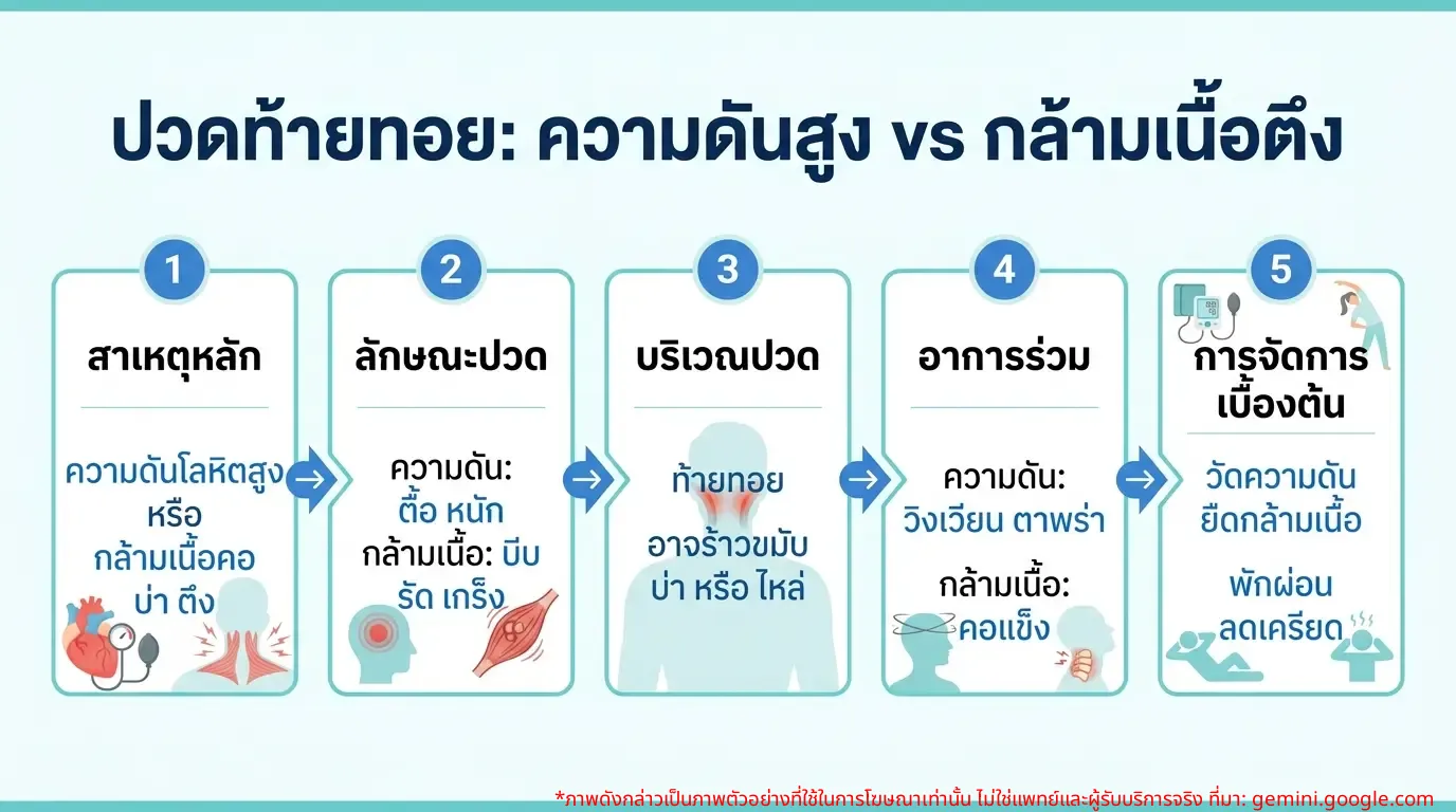 อินโฟกราฟิกเปรียบเทียบอาการปวดหัวท้ายทอยจากความดันสูงและกล้ามเนื้อตึง
